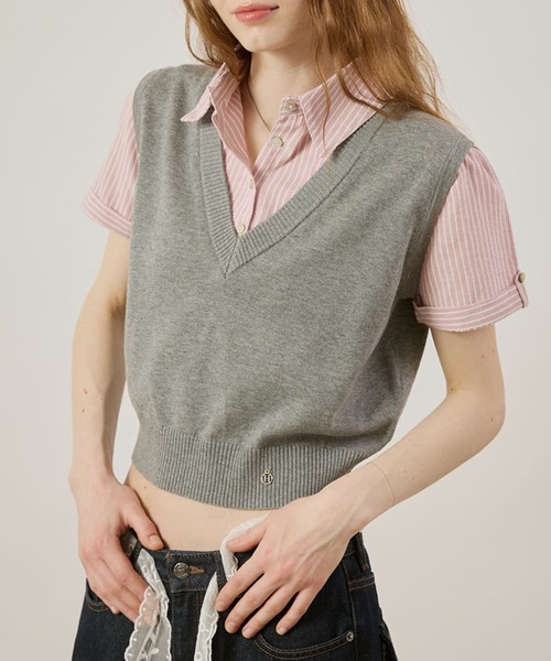 シャツ/ブラウス(半袖/袖なし) Bibiy.store JEWEL VEST ベーシックショート丈シャツブラウス 半袖 全4色[品番：KH000012598