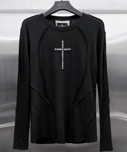 RICH(リッチ)の「【RICH】Riveted Cross Slim Longsleeve / 【リッチ】シースルークロス長袖Tシャツ(Tシャツ/カットソー・メンズ・ブラック・02/01)」の4枚目の写真