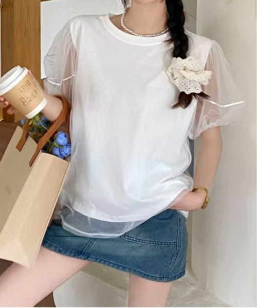 Maison Calme(メゾンカルム)の「【26年春夏新作】チュールドッキングボリューム袖無地カットソー(Tシャツ/カットソー・レディース・ホワイト/ブラック・F)」の6枚目の写真