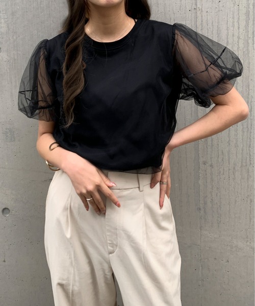 Maison Calme(メゾンカルム)の「【26年春夏新作】チュールドッキングボリューム袖無地カットソー(Tシャツ/カットソー・レディース・ホワイト/ブラック・F)」の16枚目の写真