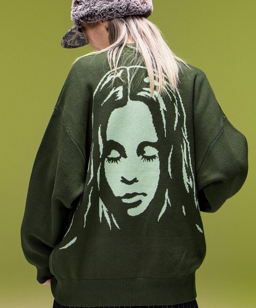 X-girl(エックスガール)の「FACE BACK JACQUARD KNIT CARDIGAN(カーディガン/ボレロ・レディース・ネイビー/ブラック/オリーブ・ONE SIZE)」の3枚目の写真