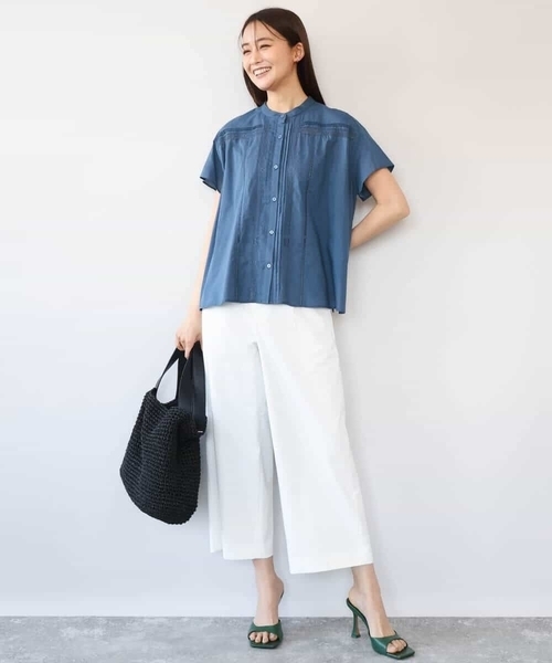 MK MICHEL KLEIN（エムケーミッシェルクラン）の「[洗える]オーガニックコットン デザインブラウス（シャツ/ブラウス・レディース・ブルー/ホワイト・38）」の4枚目の写真