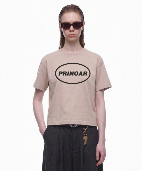 PRINOAR（プリノア）の「サークルロゴセミクロップ半袖Tシャツ - ジンジャーベージュ（Tシャツ/カットソー・レディース・ベージュ・SMALL/MEDIUM/LARGE）」の7枚目の写真