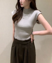 ハイネックリブニットトップス ノースリーブ きれいめ フェミニン