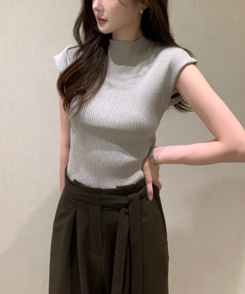 LUCPY(ラクピー)の「ハイネックリブニットトップス ノースリーブ きれいめ フェミニン(その他トップス・レディース・グレー/ホワイト・FREE)」の2枚目の写真
