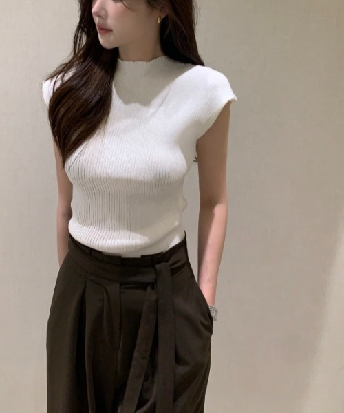 LUCPY(ラクピー)の「ハイネックリブニットトップス ノースリーブ きれいめ フェミニン(その他トップス・レディース・グレー/ホワイト・FREE)」の1枚目の写真