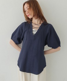 【CLEIO】レースアップワッフルボーダー半袖トップス LACE-UP WAFFLE BORDER SHORT SLEEVE TOPS