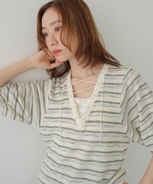 CLEIO | 【CLEIO】レースアップワッフルボーダー半袖トップス LACE-UP WAFFLE BORDER SHORT SLEEVE TOPS(Tシャツ/カットソー)