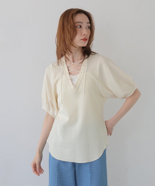 CLEIO(クレイオ)の「【CLEIO】レースアップワッフルボーダー半袖トップス LACE-UP WAFFLE BORDER SHORT SLEEVE TOPS(Tシャツ/カットソー・レディース・グレー/アイボリー/ネイビー・FREE)」の10枚目の写真