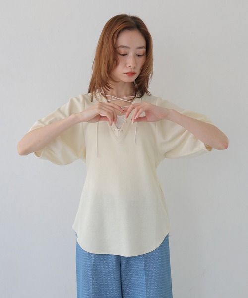 CLEIO(クレイオ)の「【CLEIO】レースアップワッフルボーダー半袖トップス LACE-UP WAFFLE BORDER SHORT SLEEVE TOPS(Tシャツ/カットソー・レディース・グレー/アイボリー/ネイビー・FREE)」の11枚目の写真