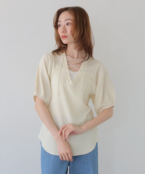 CLEIO(クレイオ)の「【CLEIO】レースアップワッフルボーダー半袖トップス LACE-UP WAFFLE BORDER SHORT SLEEVE TOPS(Tシャツ/カットソー・レディース・グレー/アイボリー/ネイビー・FREE)」の12枚目の写真