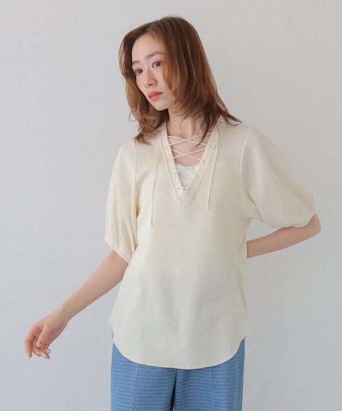 CLEIO(クレイオ)の「【CLEIO】レースアップワッフルボーダー半袖トップス LACE-UP WAFFLE BORDER SHORT SLEEVE TOPS(Tシャツ/カットソー・レディース・グレー/アイボリー/ネイビー・FREE)」の13枚目の写真