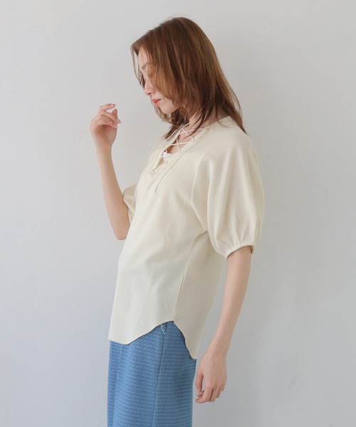 CLEIO(クレイオ)の「【CLEIO】レースアップワッフルボーダー半袖トップス LACE-UP WAFFLE BORDER SHORT SLEEVE TOPS(Tシャツ/カットソー・レディース・グレー/アイボリー/ネイビー・FREE)」の14枚目の写真