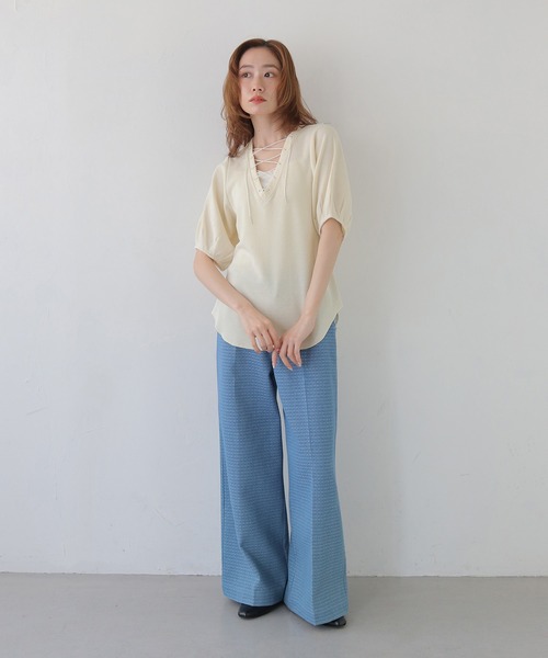 CLEIO(クレイオ)の「【CLEIO】レースアップワッフルボーダー半袖トップス LACE-UP WAFFLE BORDER SHORT SLEEVE TOPS(Tシャツ/カットソー・レディース・グレー/アイボリー/ネイビー・FREE)」の18枚目の写真