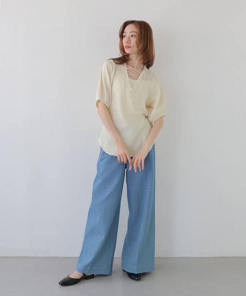 CLEIO(クレイオ)の「【CLEIO】レースアップワッフルボーダー半袖トップス LACE-UP WAFFLE BORDER SHORT SLEEVE TOPS(Tシャツ/カットソー・レディース・グレー/アイボリー/ネイビー・FREE)」の19枚目の写真