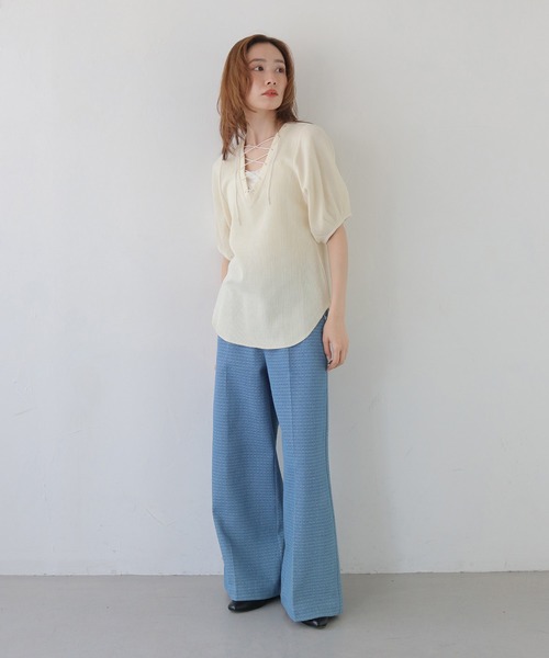 CLEIO(クレイオ)の「【CLEIO】レースアップワッフルボーダー半袖トップス LACE-UP WAFFLE BORDER SHORT SLEEVE TOPS(Tシャツ/カットソー・レディース・グレー/アイボリー/ネイビー・FREE)」の20枚目の写真