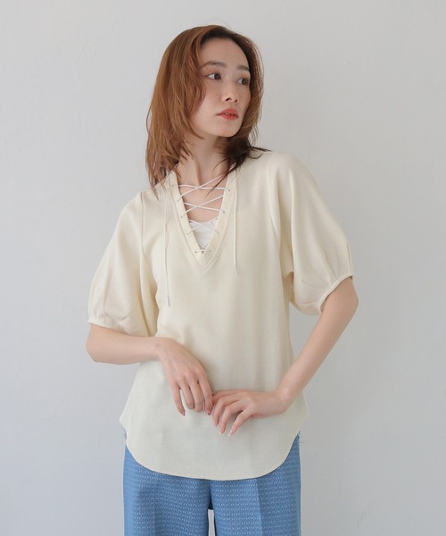 CLEIO(クレイオ)の「【CLEIO】レースアップワッフルボーダー半袖トップス LACE-UP WAFFLE BORDER SHORT SLEEVE TOPS(Tシャツ/カットソー・レディース・グレー/アイボリー/ネイビー・FREE)」の9枚目の写真