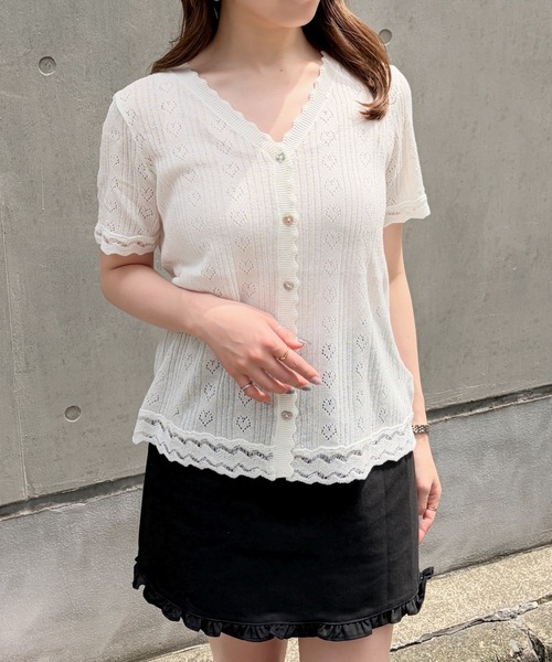 MISCH MASCH(ミッシュマッシュ)の「2026春夏新作 ハート透かし編み半袖カーディガン(カーディガン/ボレロ・レディース・グリーン/ホワイト・フリ-)」の5枚目の写真