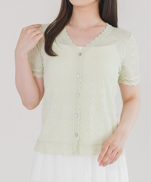 MISCH MASCH(ミッシュマッシュ)の「2026春夏新作 ハート透かし編み半袖カーディガン(カーディガン/ボレロ・レディース・グリーン/ホワイト・フリ-)」の7枚目の写真