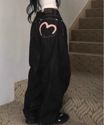 バッグポケットハート柄デニムワイドパンツ