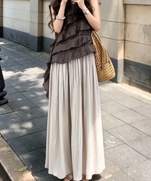 LUCPY（ラクピー）の「ティアードキャミトップス×ギャザースカートセットアップ（スカート・レディース・ブラウン・X-LARGE/LARGE/MEDIUM/SMALL）」の2枚目の写真