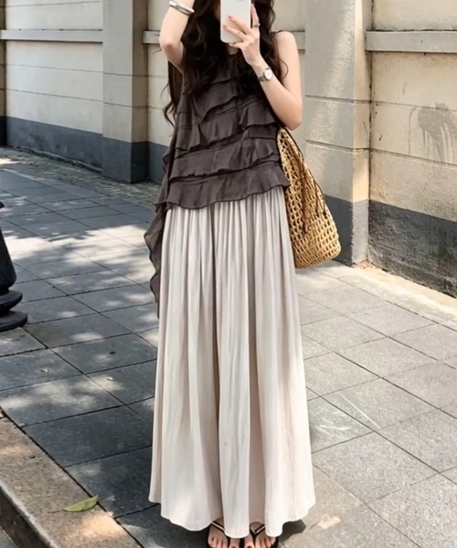 LUCPY（ラクピー）の「ティアードキャミトップス×ギャザースカートセットアップ（スカート・レディース・ブラウン・X-LARGE/LARGE/MEDIUM/SMALL）」の4枚目の写真
