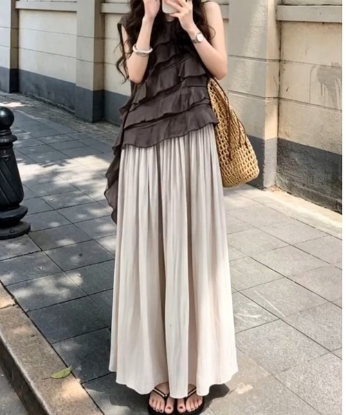 LUCPY（ラクピー）の「ティアードキャミトップス×ギャザースカートセットアップ（スカート・レディース・ブラウン・X-LARGE/LARGE/MEDIUM/SMALL）」の5枚目の写真