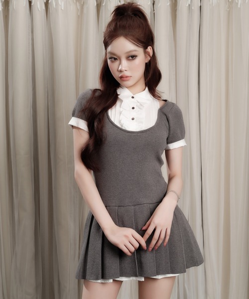 andwang(アンドワン)の「Grace Pleated Docking Mini Dress(ワンピース・レディース・グレー/ブラック/ベージュ・FREE)」の5枚目の写真
