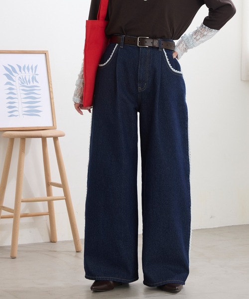 MONO-MART(モノマート)の「サイドピコレースワイドデニムパンツ<マシンウォッシャブル>(デニムパンツ・レディース・インディゴブルー/ブラック/サックスブルー/グレー・S/L/M)」の11枚目の写真