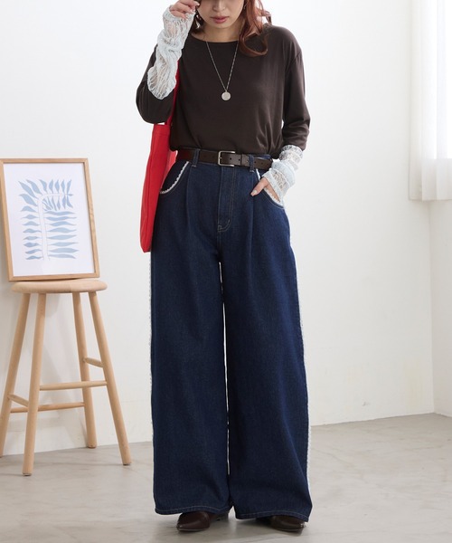 MONO-MART(モノマート)の「サイドピコレースワイドデニムパンツ<マシンウォッシャブル>(デニムパンツ・レディース・インディゴブルー/ブラック/サックスブルー/グレー・S/L/M)」の17枚目の写真