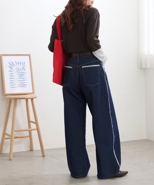 MONO-MART(モノマート)の「サイドピコレースワイドデニムパンツ<マシンウォッシャブル>(デニムパンツ・レディース・インディゴブルー/ブラック/サックスブルー/グレー・S/L/M)」の18枚目の写真