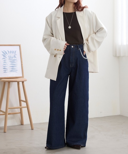 MONO-MART(モノマート)の「サイドピコレースワイドデニムパンツ<マシンウォッシャブル>(デニムパンツ・レディース・インディゴブルー/ブラック/サックスブルー/グレー・S/L/M)」の19枚目の写真