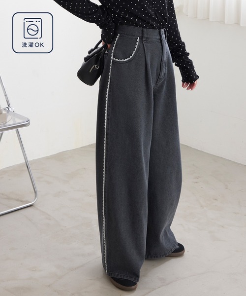 MONO-MART(モノマート)の「サイドピコレースワイドデニムパンツ<マシンウォッシャブル>(デニムパンツ・レディース・インディゴブルー/ブラック/サックスブルー/グレー・S/L/M)」の22枚目の写真
