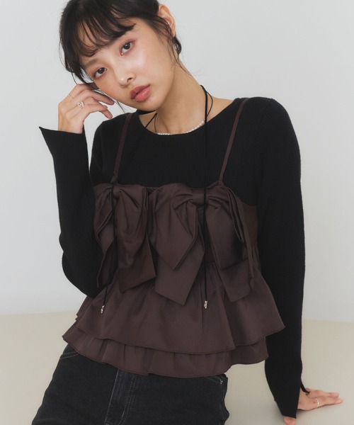 archives(アルシーヴ)の「ダブルリボンペプラムビスチェ×リブニットPO SET(アンサンブル・レディース・ブラック/ベージュ/ブラウン・MEDIUM)」の2枚目の写真