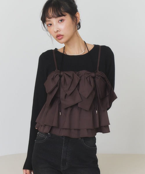 archives(アルシーヴ)の「ダブルリボンペプラムビスチェ×リブニットPO SET(アンサンブル・レディース・ブラック/ベージュ/ブラウン・MEDIUM)」の4枚目の写真