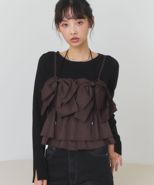 archives(アルシーヴ)の「ダブルリボンペプラムビスチェ×リブニットPO SET(アンサンブル・レディース・ブラック/ベージュ/ブラウン・MEDIUM)」の5枚目の写真