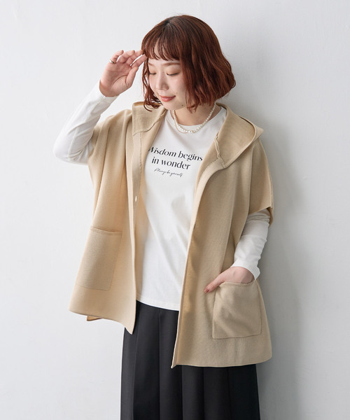 anyfee(エニフィー)の「【anyfee/大きいサイズ】フーディーゆるニットベスト(カーディガン/ボレロ・レディース・ベージュ/ブラック・3L/5L/4L/LL)」の7枚目の写真