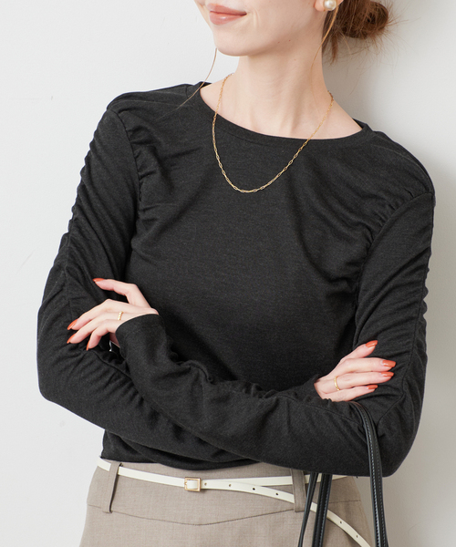 SLOBE IENA(スローブイエナ)の「《シリーズあり/》ウール混ジャージーギャザートップス(Tシャツ/カットソー・レディース・ピンク/グレー/チャコールグレー・FREE)」の1枚目の写真