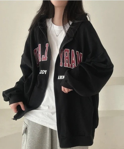 MELT(メルト)の「【オーバーサイズでゆったり可愛い♪】カレッジロゴジップアップパーカー/秋服/冬服(パーカー・レディース・ライトグレー/グレー/ネイビー/ブラック・FREE)」の8枚目の写真