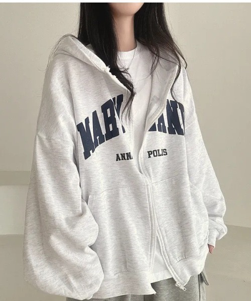 MELT(メルト)の「【オーバーサイズでゆったり可愛い♪】カレッジロゴジップアップパーカー/秋服/冬服(パーカー・レディース・ライトグレー/グレー/ネイビー/ブラック・FREE)」の13枚目の写真