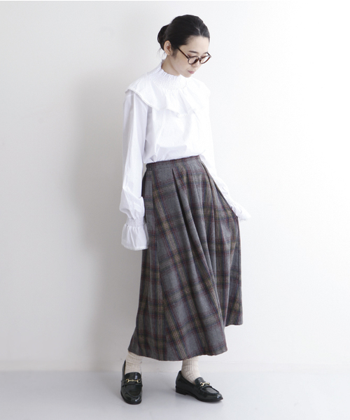 MERLOT（メルロー）の「チェック柄タックフレアスカート1096（スカート・レディース・グレー/ネイビー/カーキ/オレンジ・FREE）」の14枚目の写真