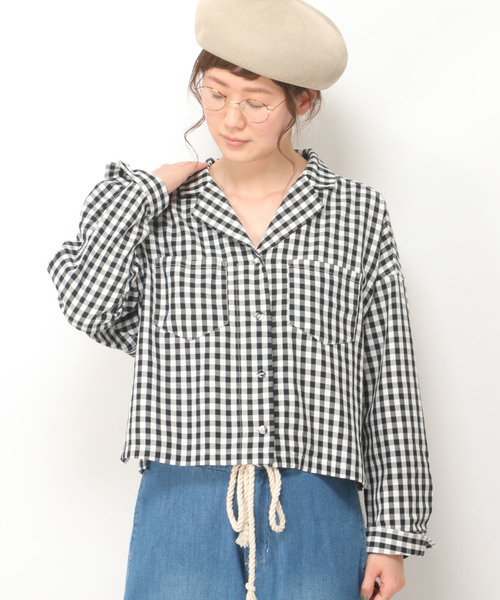 LBC(エルビーシー)の「コットンギンガム開襟シャツ(シャツ/ブラウス・レディース・ブラック/ネイビー・MEDIUM/LARGE)」の2枚目の写真