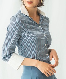 NARACAMICIE | ストレッチサテンストライプスタンドカラー七分袖シャツ(シャツ/ブラウス)