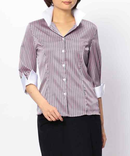 NARACAMICIE（ナラカミーチェ）の「ストレッチサテンストライプスタンドカラー七分袖シャツ（シャツ/ブラウス・レディース・ブルー/ピンク・MEDIUM/LARGE/SMALL）」の10枚目の写真