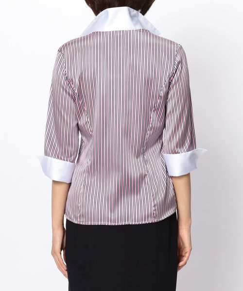 NARACAMICIE（ナラカミーチェ）の「ストレッチサテンストライプスタンドカラー七分袖シャツ（シャツ/ブラウス・レディース・ブルー/ピンク・MEDIUM/LARGE/SMALL）」の11枚目の写真