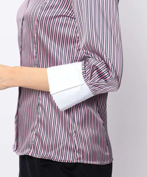 NARACAMICIE（ナラカミーチェ）の「ストレッチサテンストライプスタンドカラー七分袖シャツ（シャツ/ブラウス・レディース・ブルー/ピンク・MEDIUM/LARGE/SMALL）」の15枚目の写真