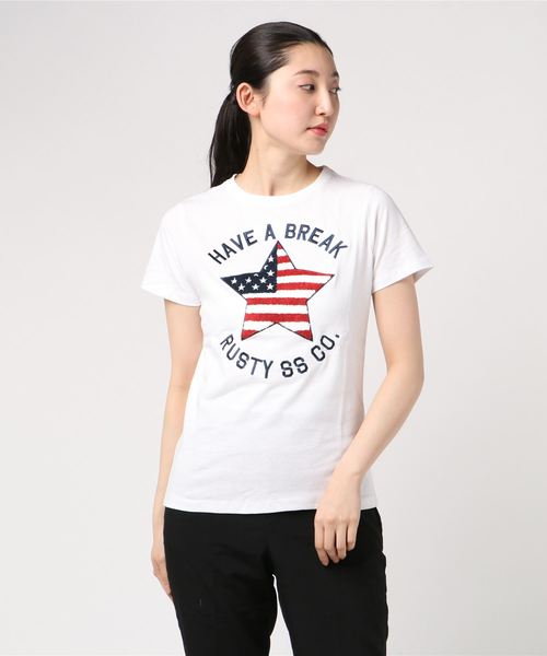RUSTY(ラスティ)の「【RUSTY】レディースロゴプリントTシャツ/星条旗プリント サガラ刺繍(Tシャツ/カットソー・レディース・ホワイト/ブラック・MEDIUM/LARGE)」の2枚目の写真