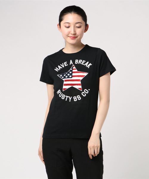 RUSTY(ラスティ)の「【RUSTY】レディースロゴプリントTシャツ/星条旗プリント サガラ刺繍(Tシャツ/カットソー・レディース・ホワイト/ブラック・MEDIUM/LARGE)」の1枚目の写真