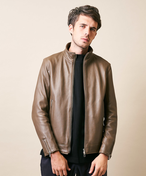 TETE HOMME(テットオム)の「ラムレザーシングルライダースジャケット(ライダースジャケット)」|ベージュ
