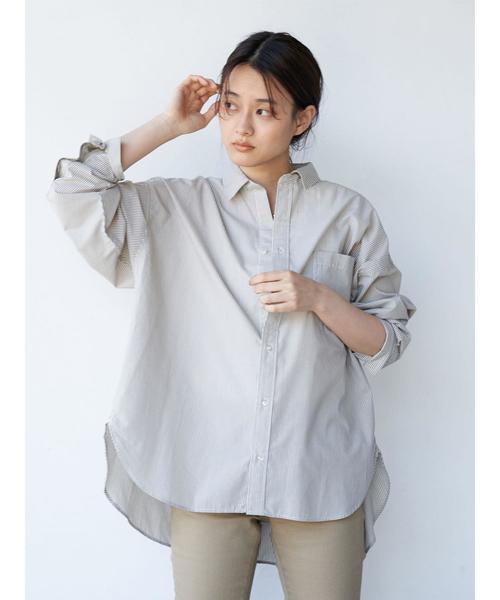 AMERICAN HOLIC(アメリカンホリック)の「バックタックポケット付きBIGシャツ *〇(シャツ/ブラウス・レディース・オフホワイト/ストライプ/チェック/グレイッシュベージュ・M/L)」の4枚目の写真